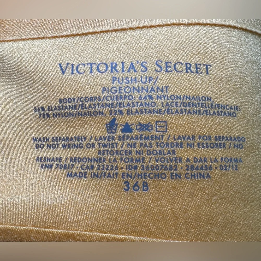 Victoria’s Secret Push-Up Racerback Bra Gold Yellow Satin Lace Front Closure 36B